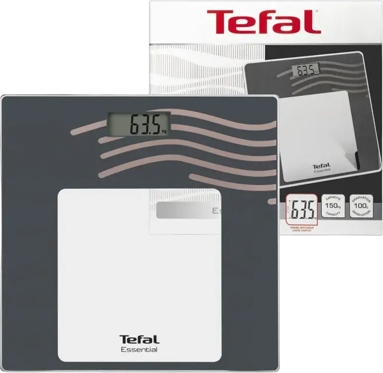 Tefal PP1330V0 Essential Digital Body Scale, Tempered Glass Platform, 150 kg Max Capacity, 0.1 kg Precision, LCD Display, Grey