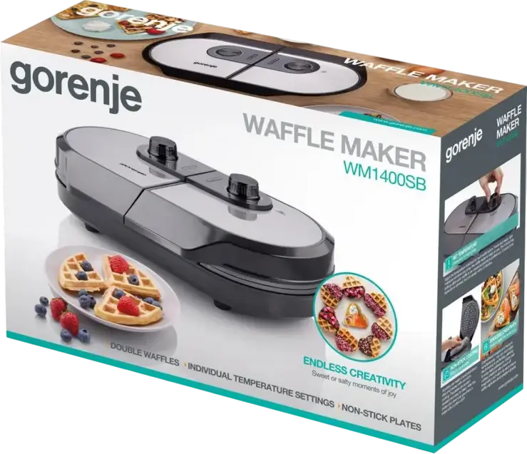 Gorenje WM1400SB Waffle Maker, 1400W, Non-stick Dual-style Plates (Heart & Square), 5 Temperature Modes, Dual Control Knobs, Black