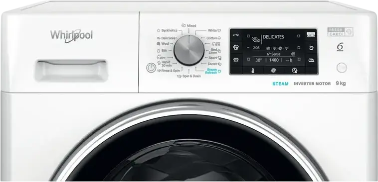 Whirlpool FFD 9489 BCV EE Front-Load Washing Machine, 9 kg, 1400 rpm, Inverter Motor, 6th Sense, FreshCare+, Steam Hygiene & Refresh, White/Black