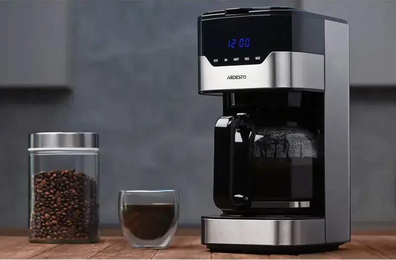 Ardesto FCM-D3100 Drip Coffee Maker, 900W, 1.5L Capacity, 15 Cups, Programmable 24h Timer, LCD Display, Anti-Drip, Reusable Filter, Black/Metal