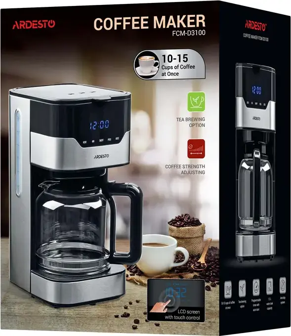 Ardesto FCM-D3100 Drip Coffee Maker, 900W, 1.5L Capacity, 15 Cups, Programmable 24h Timer, LCD Display, Anti-Drip, Reusable Filter, Black/Metal