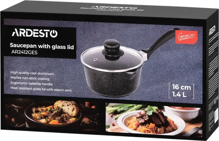 Ardesto AR2412GES Gemini Anzio Cast Aluminum Saucepan with Glass Lid, 1.4L, 16cm, PFLUON Double-Layer Non-Stick Marble Coating, Black