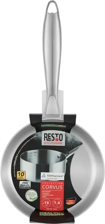 Resto Corvus 95022 Stainless Steel Tri-Ply Saucepan, 1.4L, 16cm Diameter, Induction Compatible, Internal Volume Markings, Grey