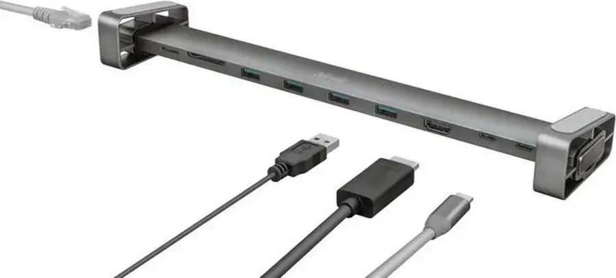 Trust Dalyx 23417 Hub USB-C 10-in-1, Statiune de Andocare din Aluminiu, HDMI, RJ45 LAN, 2x USB-C, 4x USB-A, Sloturi SD si MicroSD, Gri