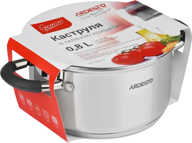 Oala Ardesto AR1908CS Gemini Salerno din Otel Inoxid 0.8L, Diametru 12cm, Capac de Sticla cu Valva, Compatibila cu Inductie, Gri