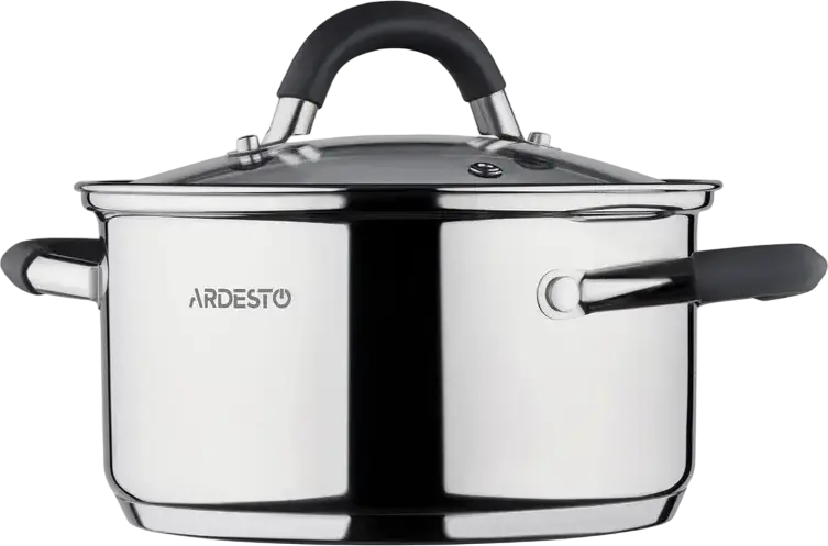 Oala Ardesto AR1908CS Gemini Salerno din Otel Inoxid 0.8L, Diametru 12cm, Capac de Sticla cu Valva, Compatibila cu Inductie, Gri