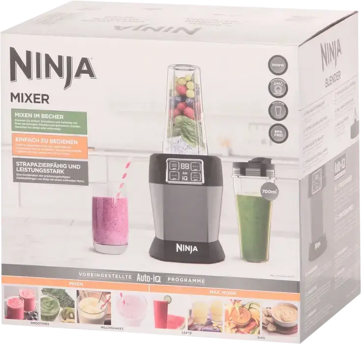 Персональный стационарный блендер Ninja BN495EU, 1000 Вт, объем 0.7 л, программы Auto-iQ, стальные лезвия Pro Extractor, LCD-дисплей, черный/серебристый
