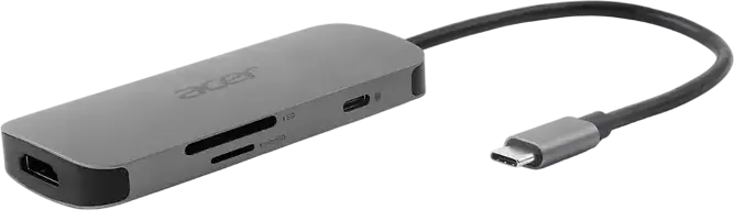 Stație de andocare Acer HP.DSCAB.018 USB-C, Metal Argintiu, HDMI 4K@60Hz, 3x USB-A 5Gb/s, Sloturi Card SD/microSD, Power Delivery 100W, 101.6x40x12.5mm