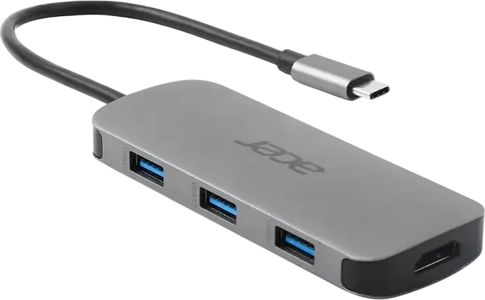 Stație de andocare Acer HP.DSCAB.018 USB-C, Metal Argintiu, HDMI 4K@60Hz, 3x USB-A 5Gb/s, Sloturi Card SD/microSD, Power Delivery 100W, 101.6x40x12.5mm