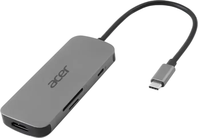 Stație de andocare Acer HP.DSCAB.018 USB-C, Metal Argintiu, HDMI 4K@60Hz, 3x USB-A 5Gb/s, Sloturi Card SD/microSD, Power Delivery 100W, 101.6x40x12.5mm