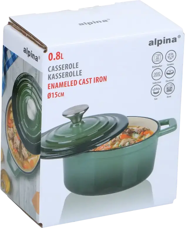Alpina Enameled Cast Iron Casserole Pot with Lid, 0.8L Mini Stewpot, 15cm Diameter, Induction and Oven Safe Cookware for Even Heat Distribution