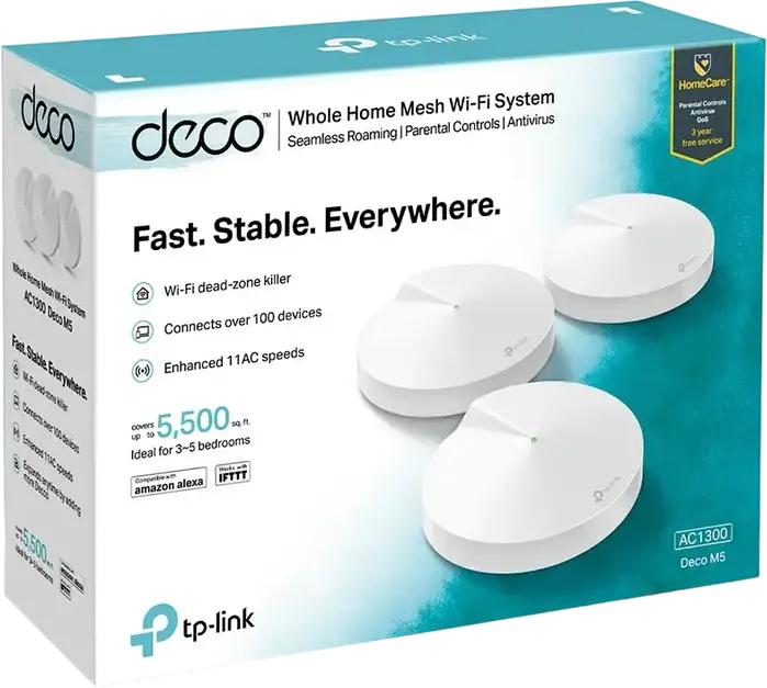 Sistem Mesh Wi-Fi TP-Link Deco M5 AC1300 Whole Home, Dual-Band Gigabit, CPU Quad-Core, Roaming Seamless, Antivirus HomeCare, MU-MIMO, Alb
