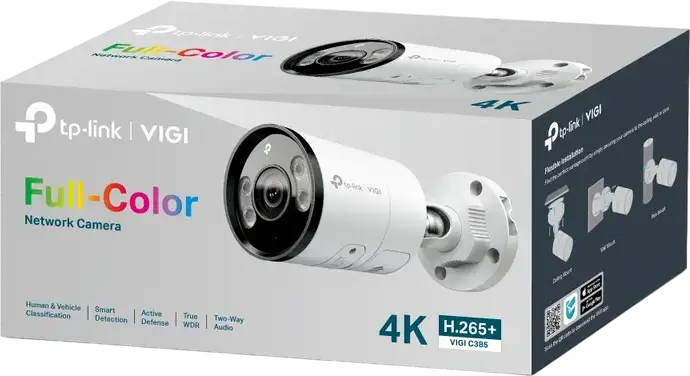 TP-Link VIGI C385 Outdoor Full-Color Bullet Network Camera, 4K Ultra HD 8MP, IP67 Waterproof, True WDR, Two-Way Audio, Smart Detection, PoE, White