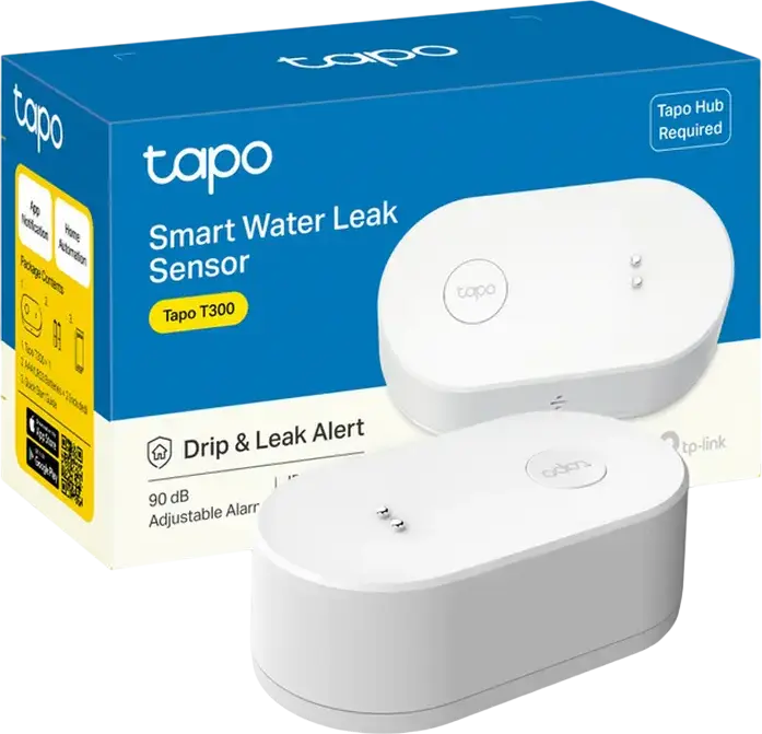 TP-Link Tapo T300 Smart Water Leak Sensor, IP67 Waterproof, 90dB Built-in Siren, 6 High-Sensitivity Probes, Wireless Connectivity, White
