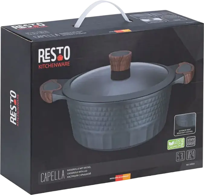 Resto Kitchenware Capella 93503 Aluminium Casserole with Glass Lid, 4.6L, 24cm, Non-stick PFOA Free Coating, Induction Compatible, Black