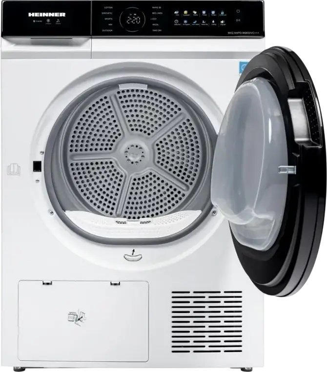 Конденсационный сушильный аппарат Heinner HHPD-M9K5IVC+++ с тепловым насосом, 9 кг, инверторный двигатель, класс C, 10 программ, LED-дисплей, белый/черный