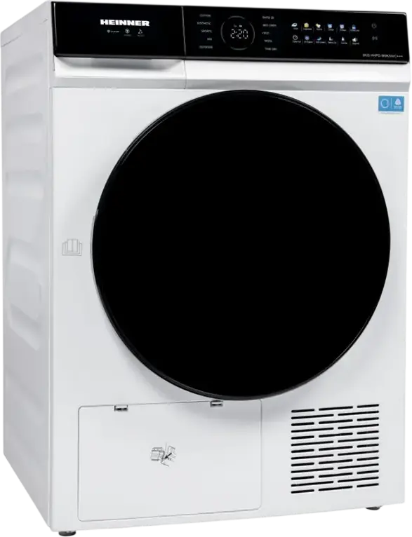 Конденсационный сушильный аппарат Heinner HHPD-M9K5IVC+++ с тепловым насосом, 9 кг, инверторный двигатель, класс C, 10 программ, LED-дисплей, белый/черный