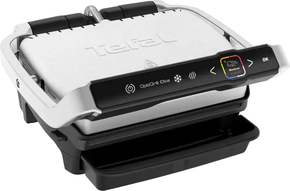 Tefal OptiGrill Elite Electric Grill 2000W, 30x20 cm Plates, 12 Automatic Programs, Searing Boost, Touch Control, Detachable Dishwasher Safe Plates, Silver