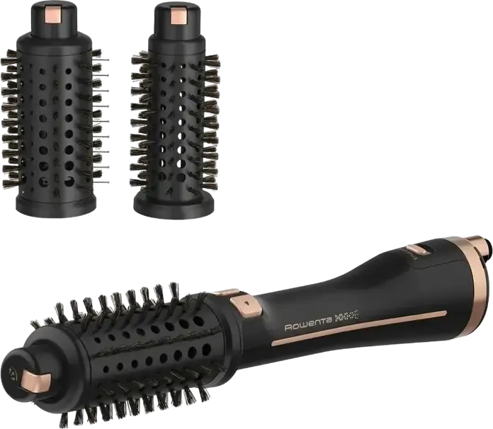 Rowenta Virtuose Ultimate Experience CF9620F0 2-in-1 Rotating Hot Air Brush Dryer and Styler, 750W, Ceramic Pro Keratin, Ionization, 3 Brushes, Black Gold
