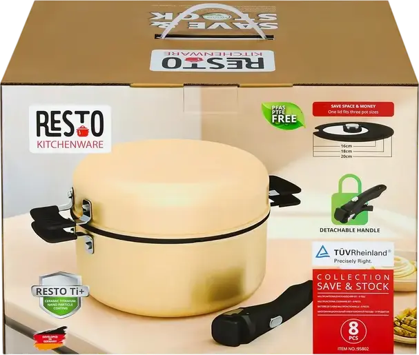 RESTO 95802 Save & Stock Cookware Set, Non-Stick Aluminium Pots and Pans with Detachable Handle, Glass Lids, Induction Compatible, PTFE/PFAS Free, Beige