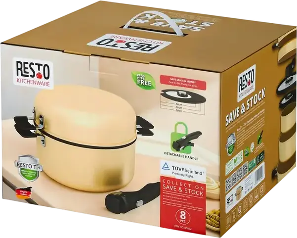 RESTO 95802 Save & Stock Cookware Set, Non-Stick Aluminium Pots and Pans with Detachable Handle, Glass Lids, Induction Compatible, PTFE/PFAS Free, Beige