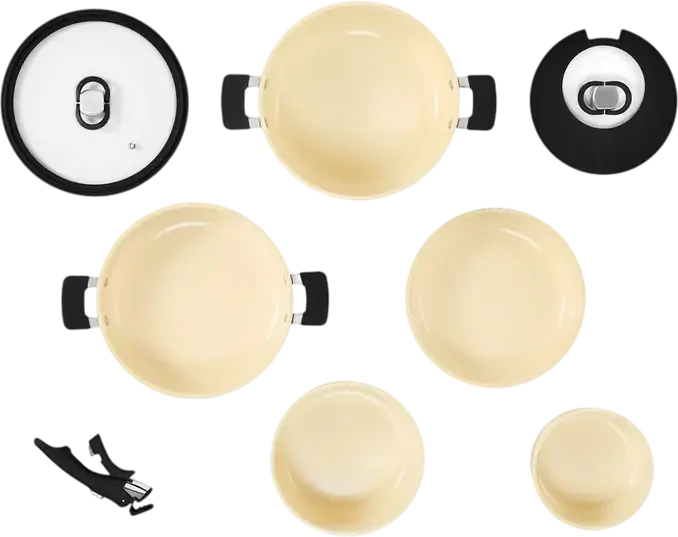 RESTO 95802 Save & Stock Cookware Set, Non-Stick Aluminium Pots and Pans with Detachable Handle, Glass Lids, Induction Compatible, PTFE/PFAS Free, Beige