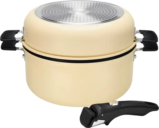 RESTO 95802 Save & Stock Cookware Set, Non-Stick Aluminium Pots and Pans with Detachable Handle, Glass Lids, Induction Compatible, PTFE/PFAS Free, Beige