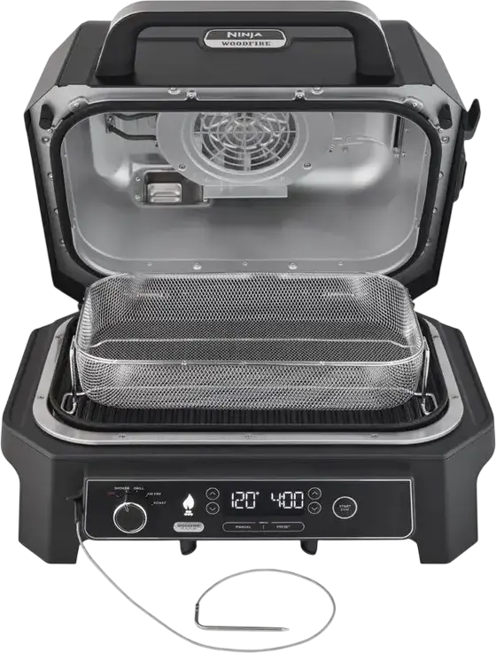 Электрический гриль и коптильня Ninja OG850EU Woodfire Pro XL, 1700Вт, 4 в 1: гриль, копчение, аэрофритюр, запекание, цифровой щуп, IPX4 для улицы