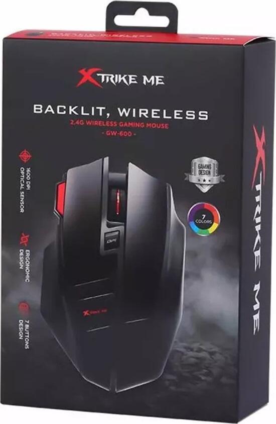Xtrike Me GW-600 Wireless Gaming Mouse, 2.4GHz Optical Sensor, Adjustable 1600 DPI, 7 Buttons, 7-Color Breathing Backlight, Ergonomic Design, Black