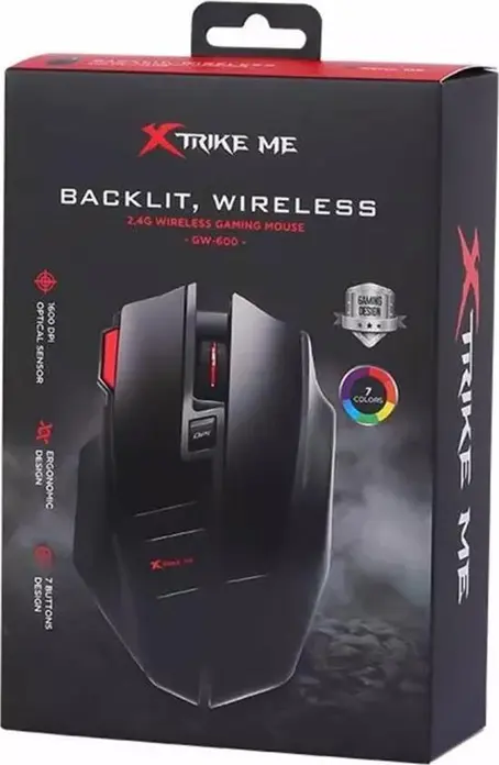 Xtrike Me GW-600 Wireless Gaming Mouse, 2.4GHz Optical Sensor, Adjustable 1600 DPI, 7 Buttons, 7-Color Breathing Backlight, Ergonomic Design, Black