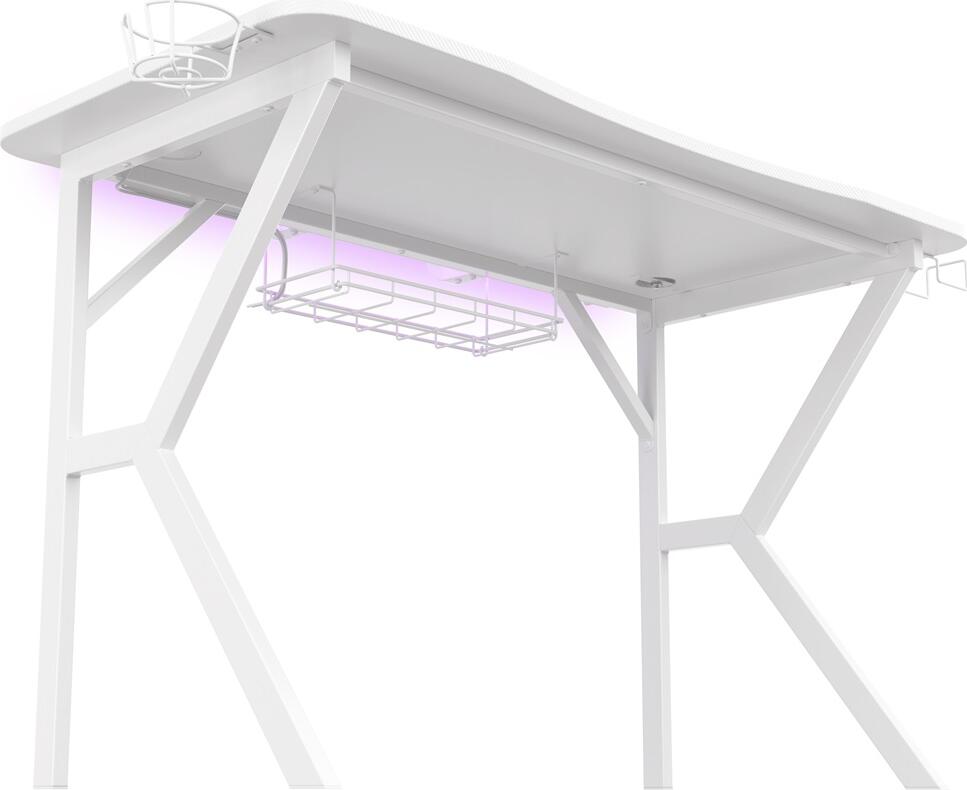 Masa Gaming Genesis Holm 320 RGB, Blat MDF, 120x60x75 cm, Alb cu Finisaj Carbon, Cadru Metalic, Incarcator Wireless Inductiv, 3x USB 3.0, Iluminare RGB, Polita Monitor