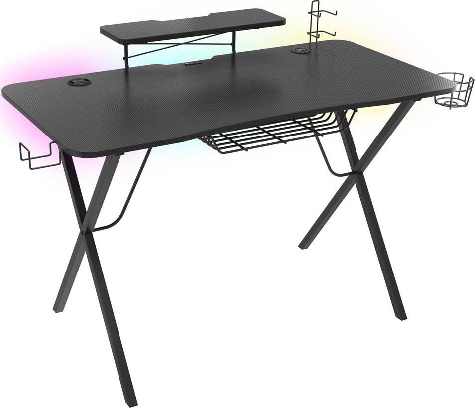 Genesis Holm 320 RGB Gaming Desk, 120x60x75 cm, Black Carbon Finish, MDF Tabletop, Metal Frame, Wireless Inductive Charger, 3x USB 3.0, RGB Lighting, Monitor Shelf