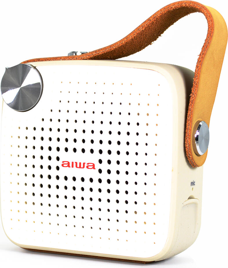 Aiwa BS-100GY Portable Bluetooth Speaker, PLL FM Radio, TF Card Slot, IPX4 Splash-proof, 1000mAh Battery, ABS and Synthetic Leather, White