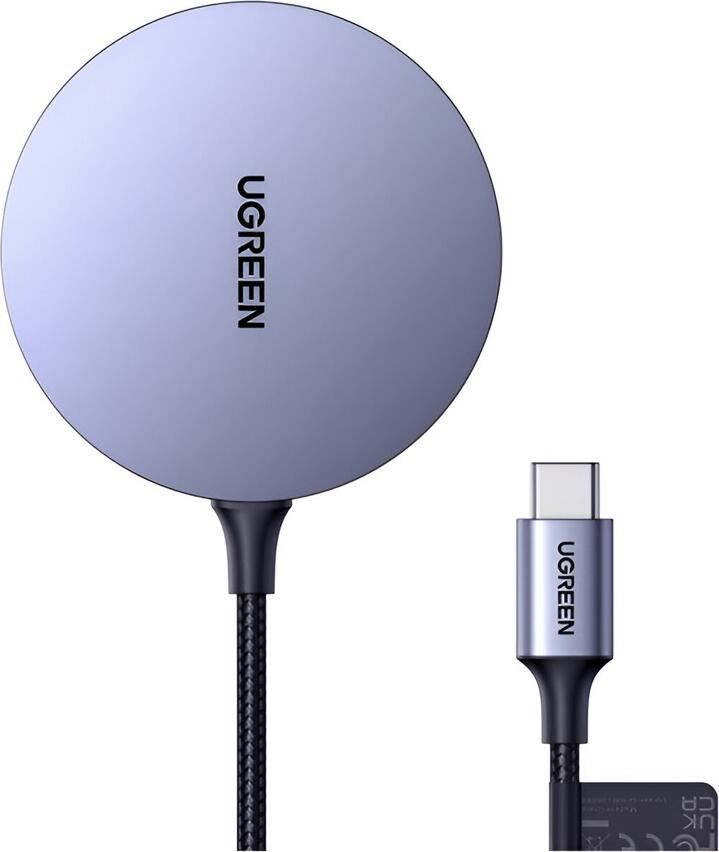 UGREEN CD245 Incarcator Magnetic Wireless 15W, Pad de Incarcare Qi cu Aliniere Magnetica, Cablu USB-C Impletit 1.5m, Indicator LED pentru iPhone 13 12, AirPods, Gri