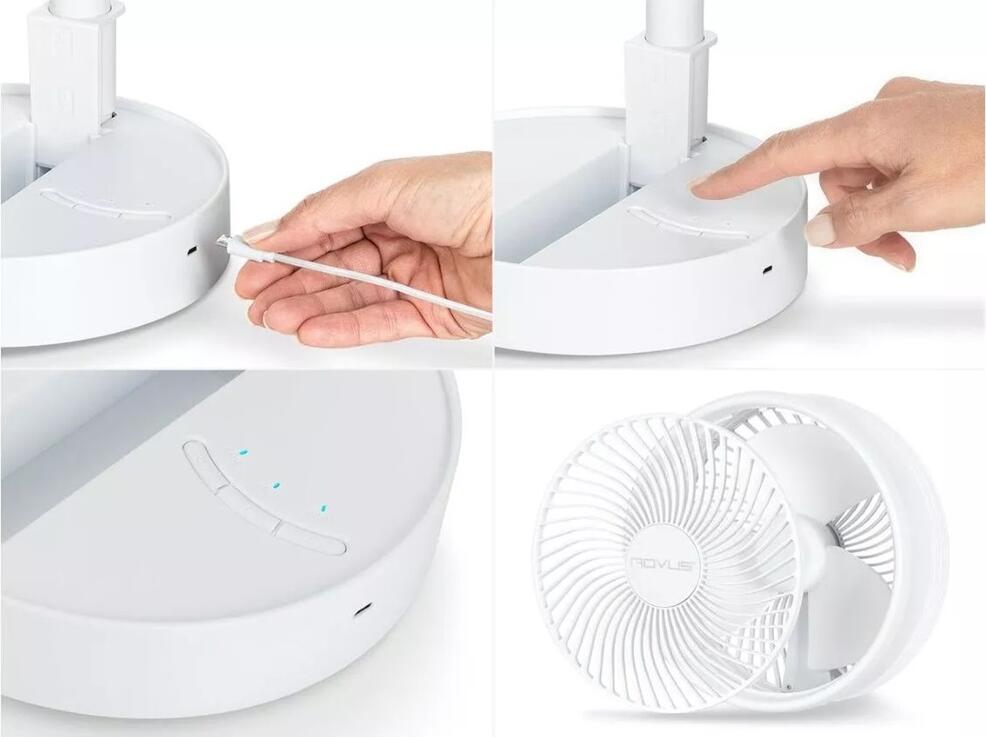 Rovus Wireless Portable Fan, Telescopic Foldable Design 36cm to 1m, 3600mAh Battery, 4 Speed Levels, LED Lighting, USB Charging, White