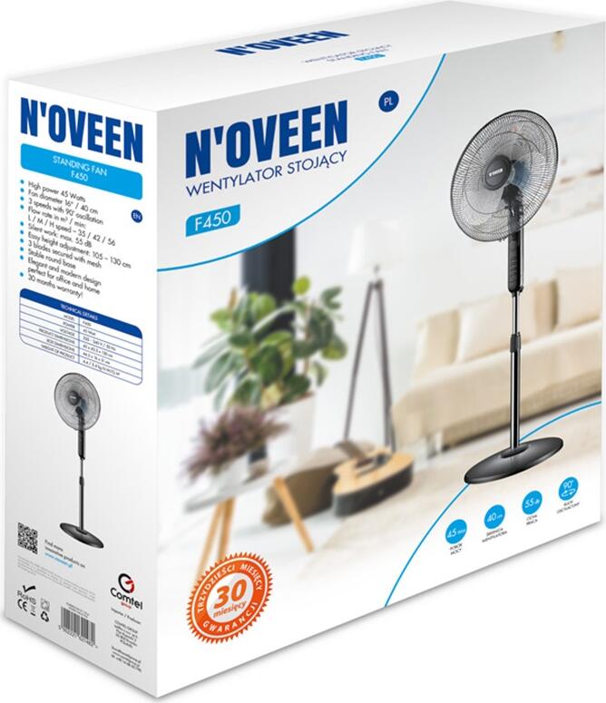 Ventilator de Podea N'Oveen F450, 45W, Diametru 40 cm, 3 Trepte de Viteza, Oscilatie 90°, Inaltime Reglabila 105-130 cm, Timer 7.5h, Negru