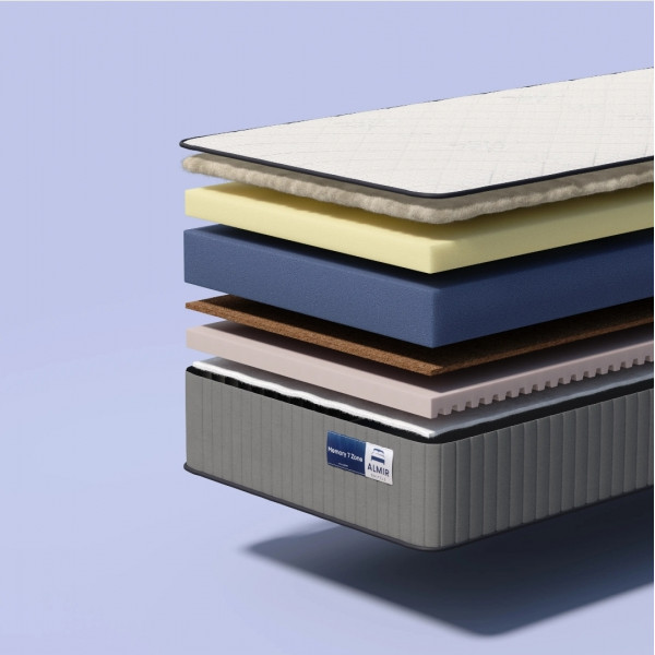 Almir Memory 7 Zone Memory Foam Mattress, 120x200 cm, 22 cm Height, 7-Zone Support System, Coconut Fiber, Dual-Sided Semi-Soft and Semi-Hard, Removable Cover