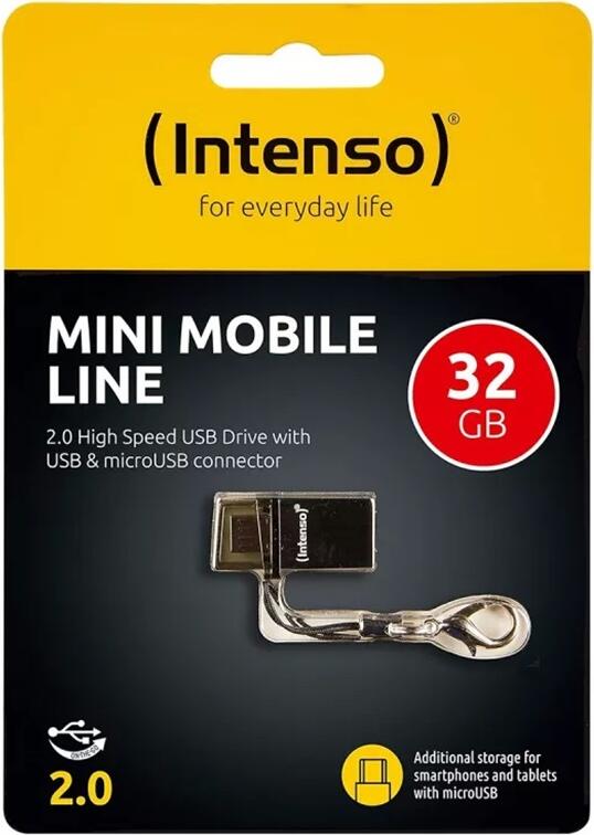 Stick USB Intenso Mini Mobile Line 2.0, 32GB OTG Dual Conector USB-A si microUSB, Carcasa Compacta Rezistenta la Socuri, Antracit