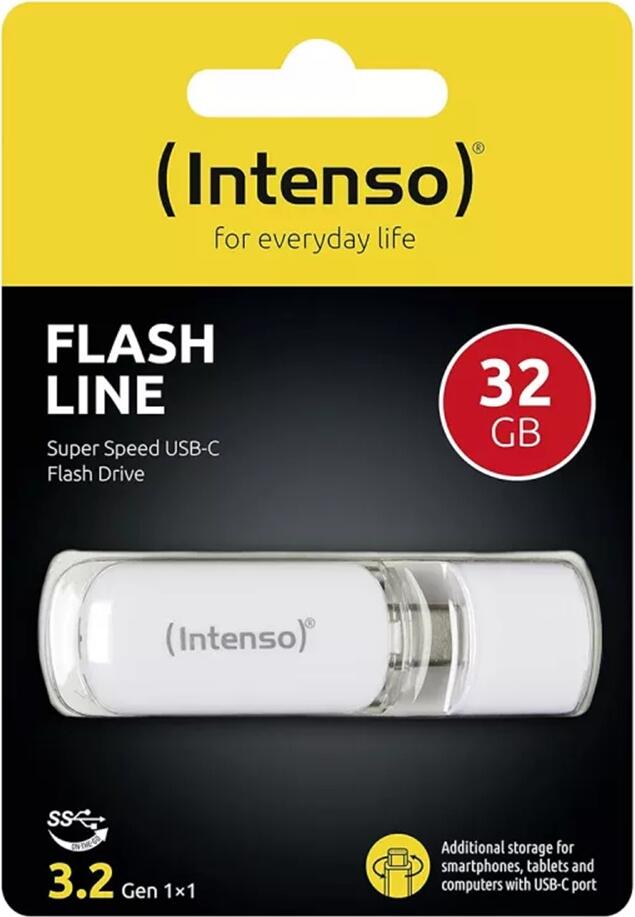 Intenso Flash Line USB-C Flash Drive, Super Speed USB 3.2 Gen 1x1, 5 Gbit/s, OTG Support, Compact Plastic Design with Protective Cap, White
