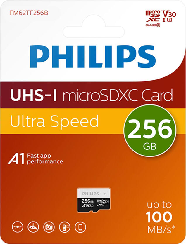 Карта памяти Philips microSDXC 256ГБ UHS-I Class 10 U3 V30 A1, скорость чтения 100МБ/с, FM25MP65B/00, с SD-адаптером, водо- и ударопрочная