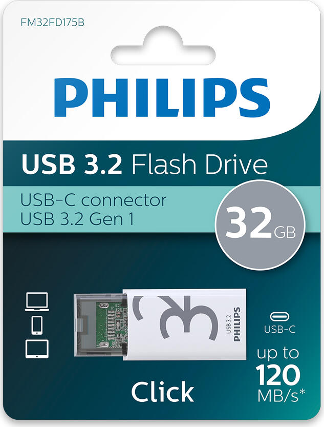 Stick USB Philips FM32FD175B Type-C USB 3.2 Gen 1, 32GB, Viteza de Citire pana la 120MB/s, Memorie Compacta Portabila pentru Smartphone, Laptop, Tabletă