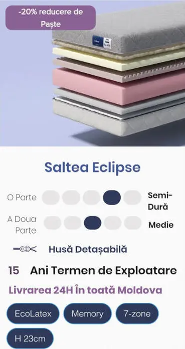 Almir Eclipse Orthopedic Mattress, 140x200 cm, Springless EcoLatex and Memory Foam, 7-Zone Support, Dual Firmness Semi-Hard/Medium, Removable Cover, 23 cm