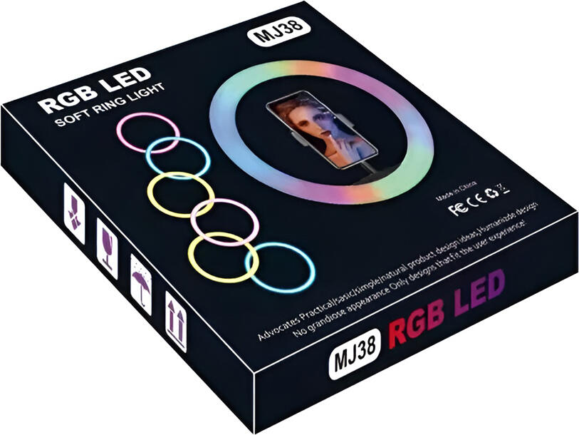 MJ38 RGB Selfie Ring Light 40cm 16 inch, 25W 120 LEDs, 6000K Color Temp, 4 Lighting Modes, Adjustable Tripod up to 2.1m, Phone Holder & Remote Control