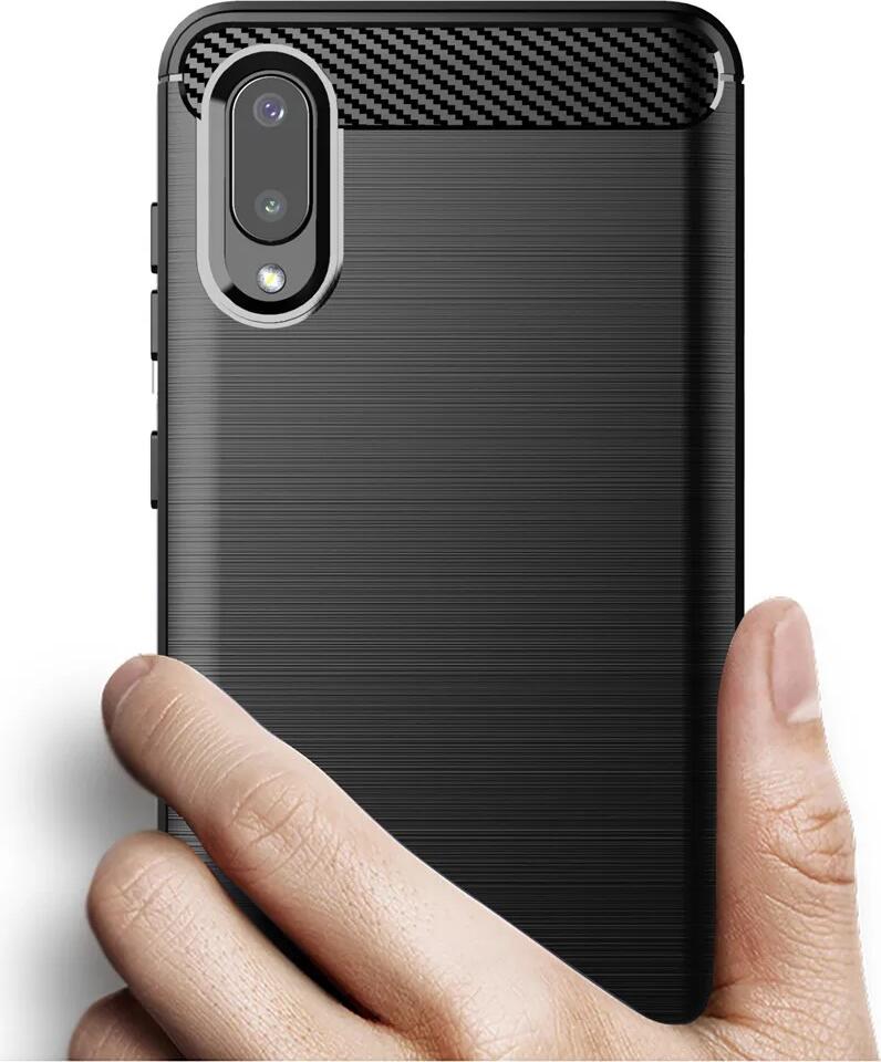 Helmet Carbon Fiber Texture TPU Case for Samsung Galaxy A02, 6.5 inch, Shockproof Protective Cover with Reinforced Corners and Screen Protection