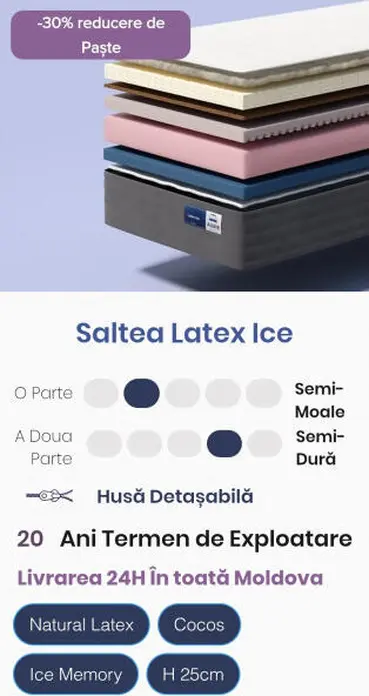 Saltea Ortopedica Almir Latex Ice, 90x190 cm, Latex Natural, Spuma Memory Gel cu Efect de Raciunire, Fibra de Cocos, Dual-Sided Semi-Moale/Semi-Dura, 25cm, Husa Detasabila