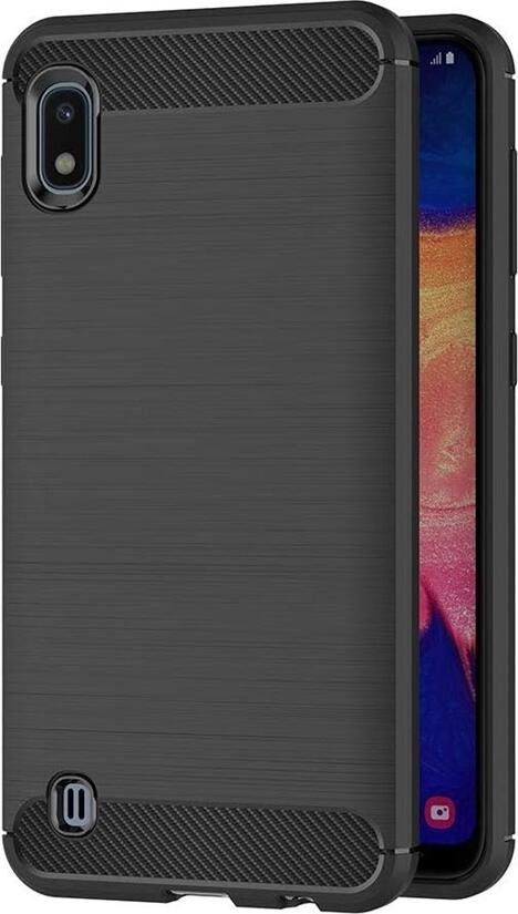 Samsung Galaxy A10 Helmet Case Carbon Fiber Texture TPU Shockproof Protective Cover with Reinforced Corners and Raised Edges, Black