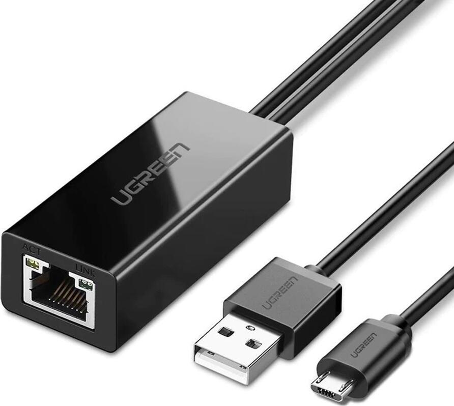 Адаптер UGREEN Micro USB — Ethernet, сетевой адаптер RJ45 Fast Ethernet 10/100 Мбит/с с кабелем питания USB для Chromecast Ultra/3/2, Fire TV Stick 4K, Google Home Mini, черный
