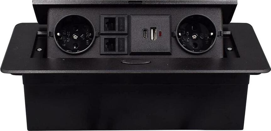 NO Brand Multifunctional Desktop Socket, EU plug, 2 Sockets,1 USB,1 Type-C, 2 Network. Black