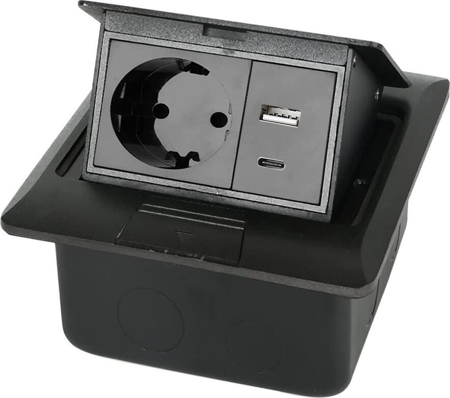 Multifunctional Recessed Desktop Socket with EU Plug, USB Type-A and USB Type-C Ports, Flip-Up Cover, Overload Protection, Black Plastic
