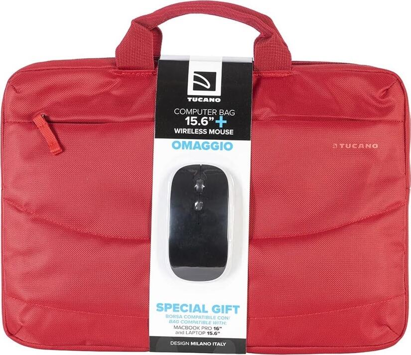 Tucano Idea Bundle 15.6" Laptop Bag BU-BIDEA-WM-R with Wireless Mouse, Padded Shockproof Polyester Case for Laptops up to 15.6" and MacBook Pro 16"